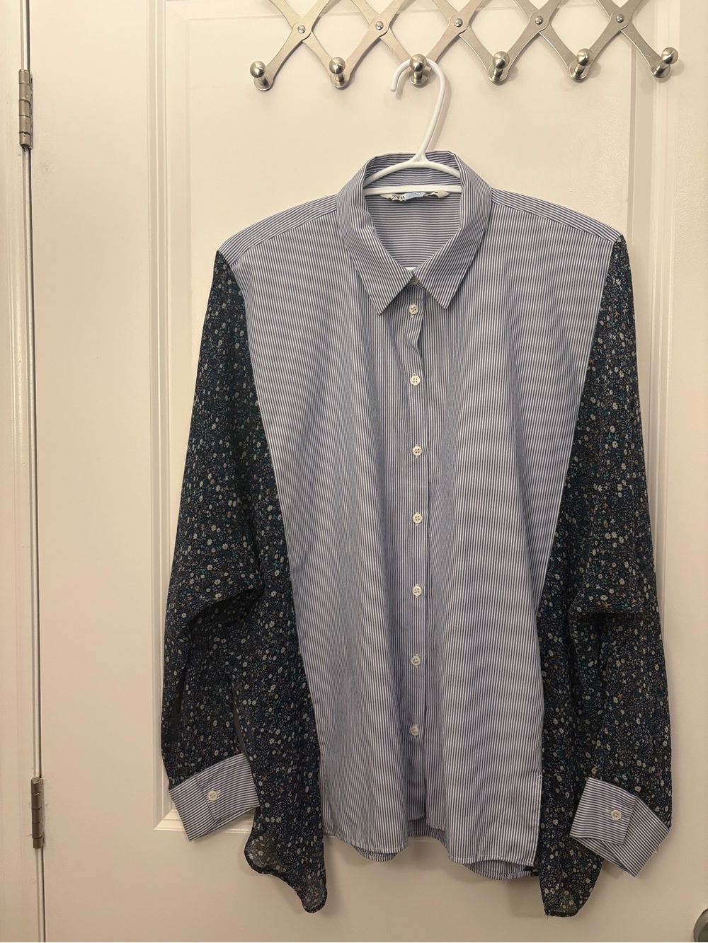 Blue Mixed-Print Button-Up Shirt
